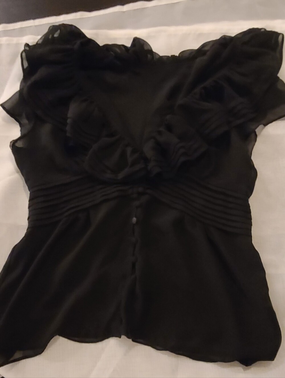 Black Ruffled Button Up Sheer Top, Small - Picture 3 of 5